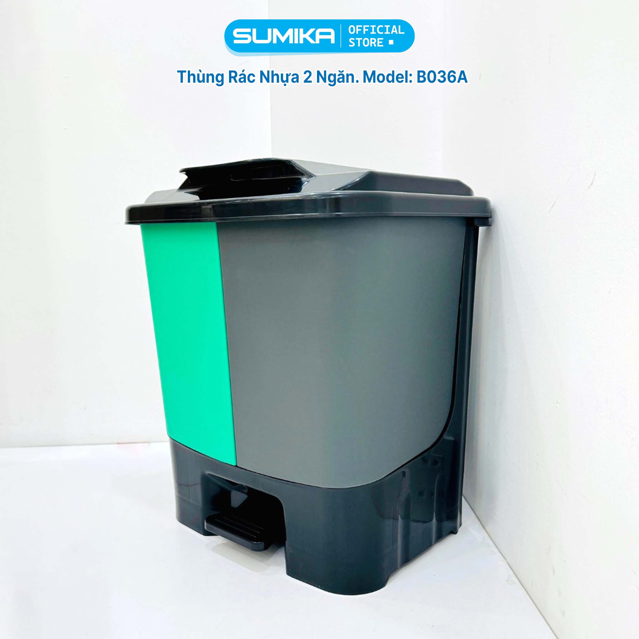 Thùng rác phân loại 2 ngăn SUMIKA B036A, dung tích 40L, nhựa nguyên sinh bền bỉ