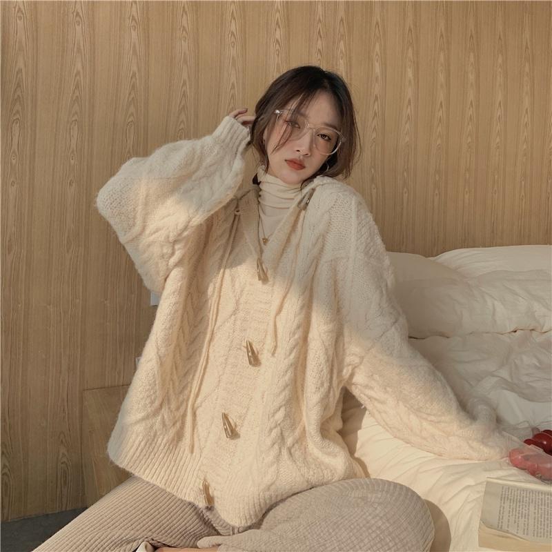 Hình ảnh Áo khoác cardigan dệt kim thiết kế có nón sau phong cách Hàn Quốc nhẹ nhàng