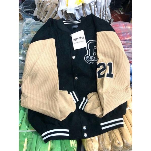 Áo khoác bomber bóng chày kaki nhung gân 2 lớp thêu unisex ulzzang nam nữ