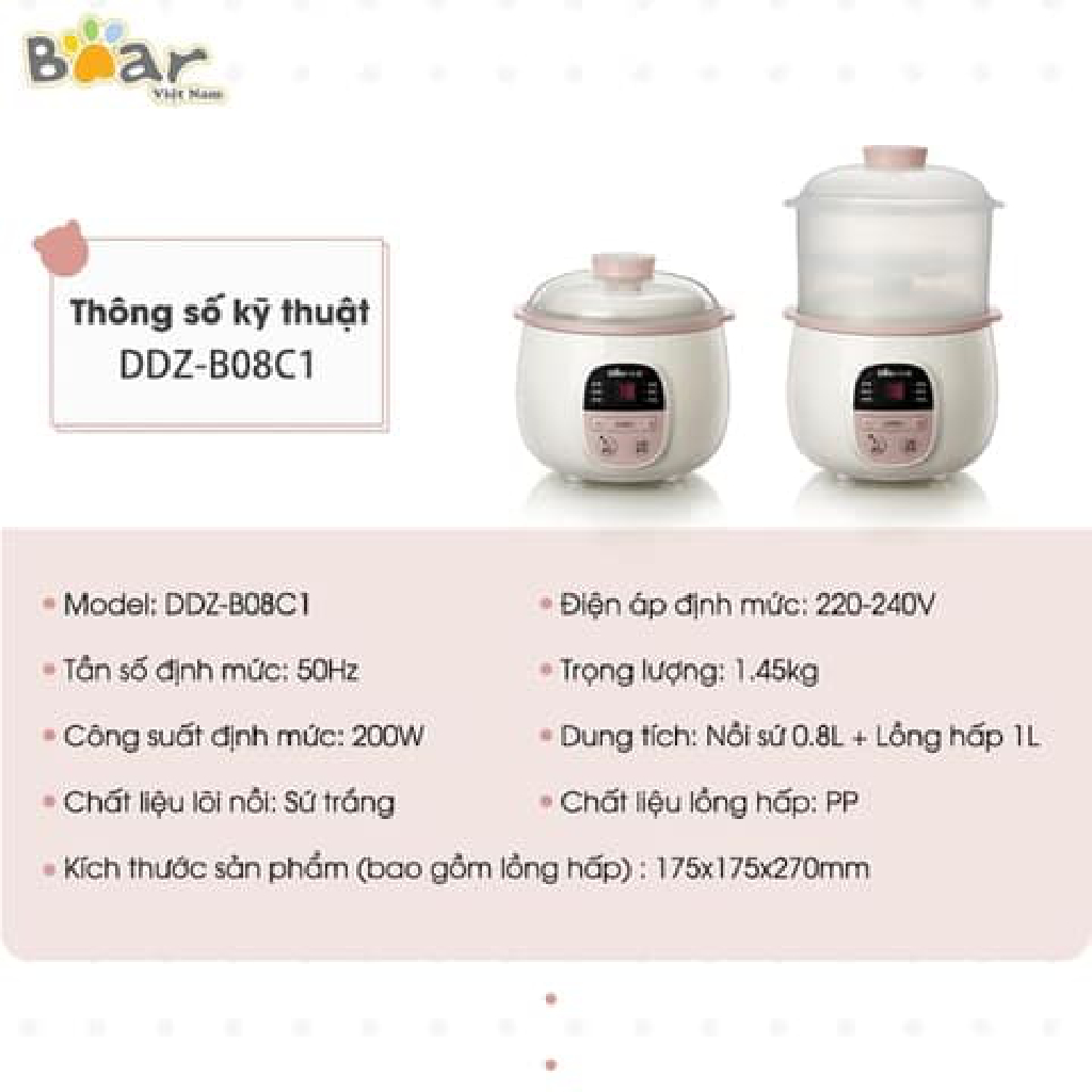 Nồi Nấu Chậm Bear 0.8L SUBE001. Hàng Chính Hãng