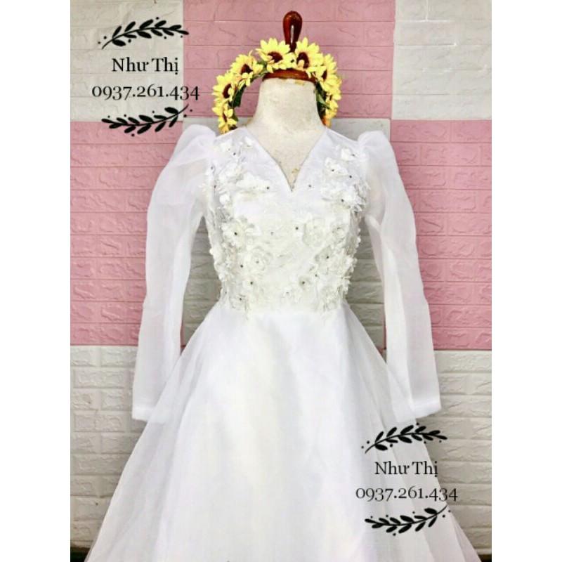 (miễn phí chỉnh váy) đầm dạ hội cưới tay dài váy xòe phồng to kín đáo cô dâu đi bàn lễ cưới nhẹ nhàng giá rẻ