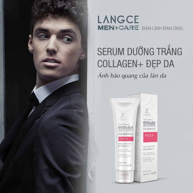 Serum Đẹp Da Collagen+ Face It Dưỡng Trắng Da, Giữ Ẩm, Mềm Mịn 100ml cho Nam TẶNG Gel Vệ Sinh Vùng Kín Nam 100ml LANGCE