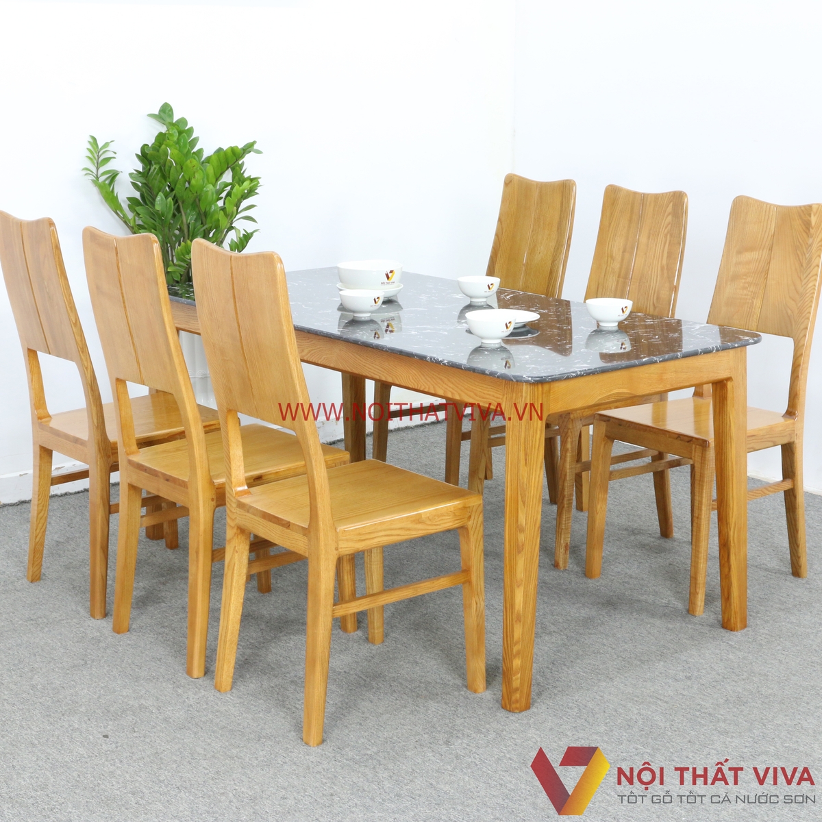 Bộ Bàn Ăn 6 Ghế Gỗ Sồi Nga Màu Vàng Mặt Đá Đen Tràn Gọn Đẹp Giá Rẻ