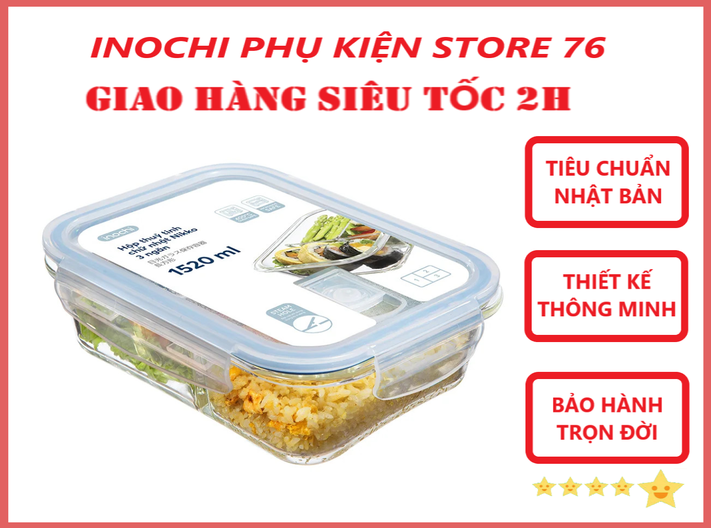 Hộp Cơm Thủy Tinh 23 Ngăn, Hộp Thủy Tinh Đựng Thức Ăn Nikko Tiêu Chuẩn Nhật Bản - Chính Hãng Inochi Tặng Kèm Khăn Lau Tay Đa Năng Pakasa - Chữ Nhật 1520Ml 3 Ngăn