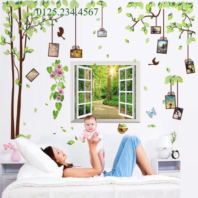 Decal dán tường Combo 2 tranh cây khung ảnh + khung cửa sổ xanh