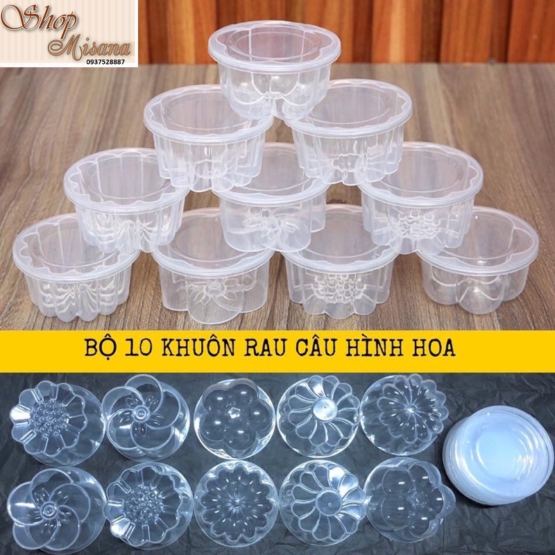 Bộ 10 hộp nhựa làm rau cau, bánh flan có nắp hình hoa