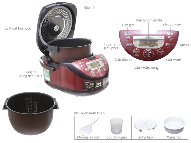Nồi cơm điện cao tần Hitachi 1.8 lít RZ-GHE18Y(R) - HÀNG CHÍNH HÃNG - CHỈ GIAO HCM
