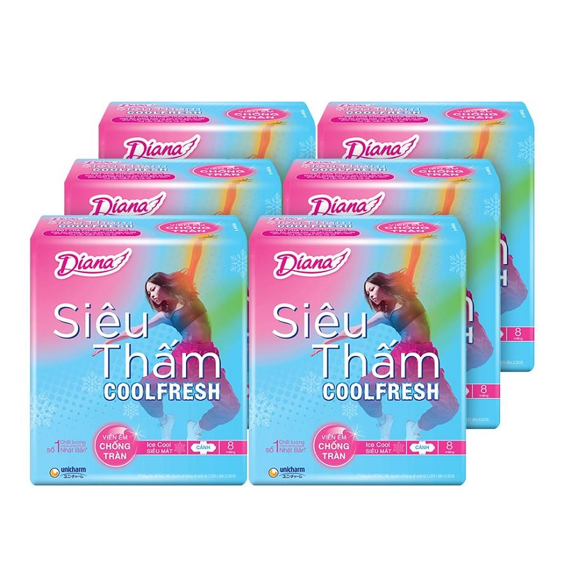 Combo 6 gói Băng vệ sinh Diana Siêu thấm Cool Fresh siêu mỏng cánh 8 miếng