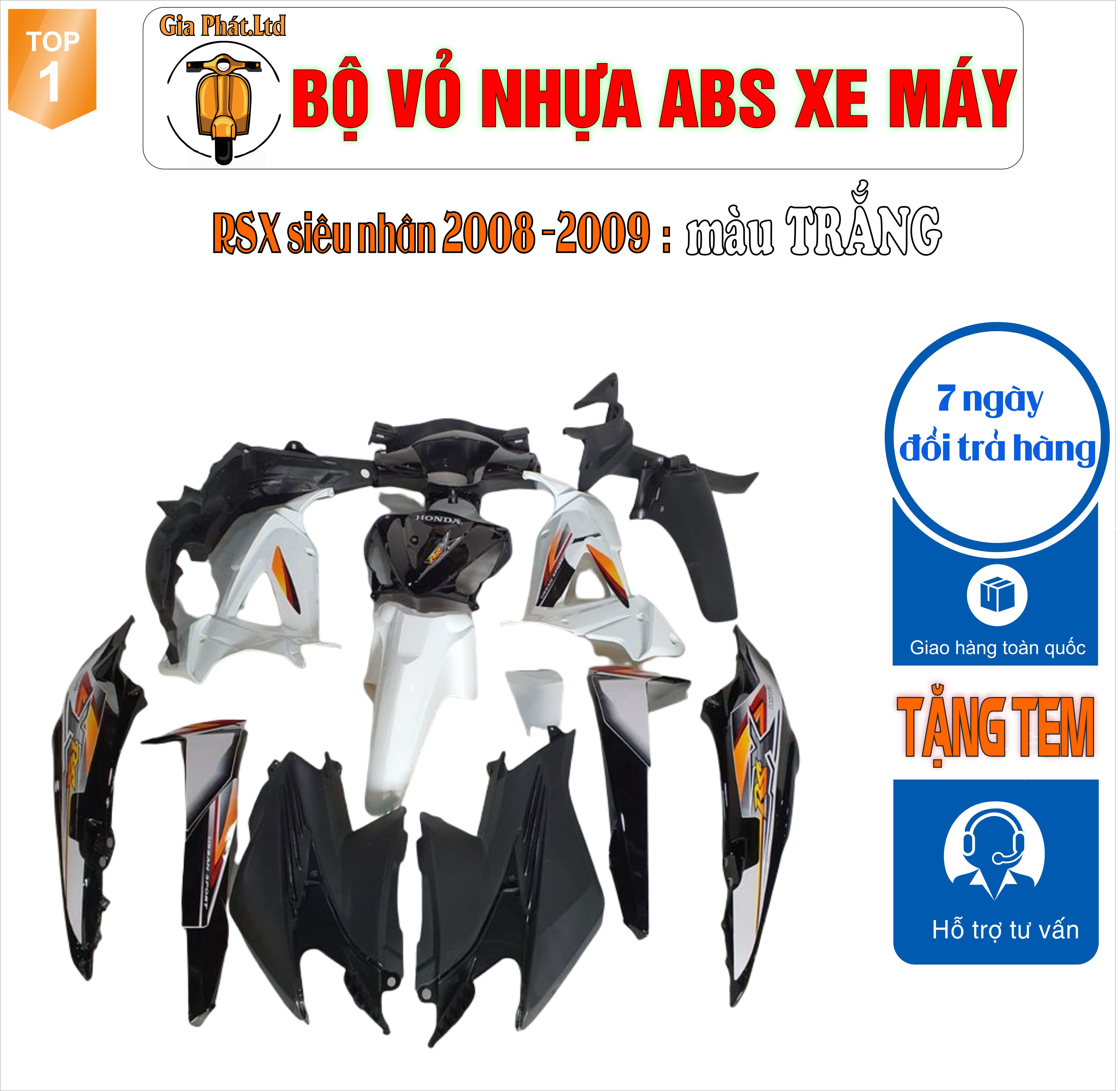 [TẶNG TEM]Bộ vỏ nhựa dàn áo màu TRẮNG gắn xe wave RSX SIÊU NHÂN( MỚI ) -RSX 100 đời 2008 đến 2009 - nhựa cao cấp loại 1