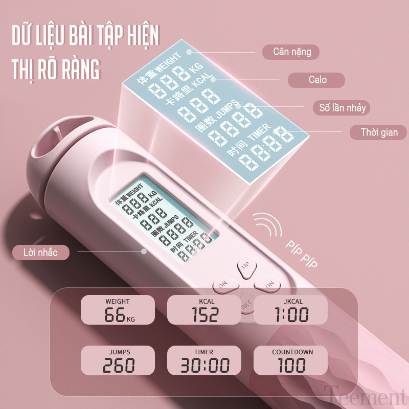 Dây Nhảy Thể Thao Lõi Thép Cao Cấp, Màn Hình LCD, Tự Động Đếm Số, Tích Hợp Đo Calo, Quãng Đường, Độ Dài Dây Tùy Chỉnh - Kèm Bóng Xoay Và Tạ Điều Chỉnh Khối Lượng - Hàng Chính Hãng Teement