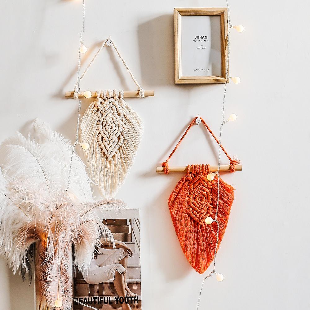 Lá macrame trang trí treo tường, Macrame lá 2 màu trắng, cam đất