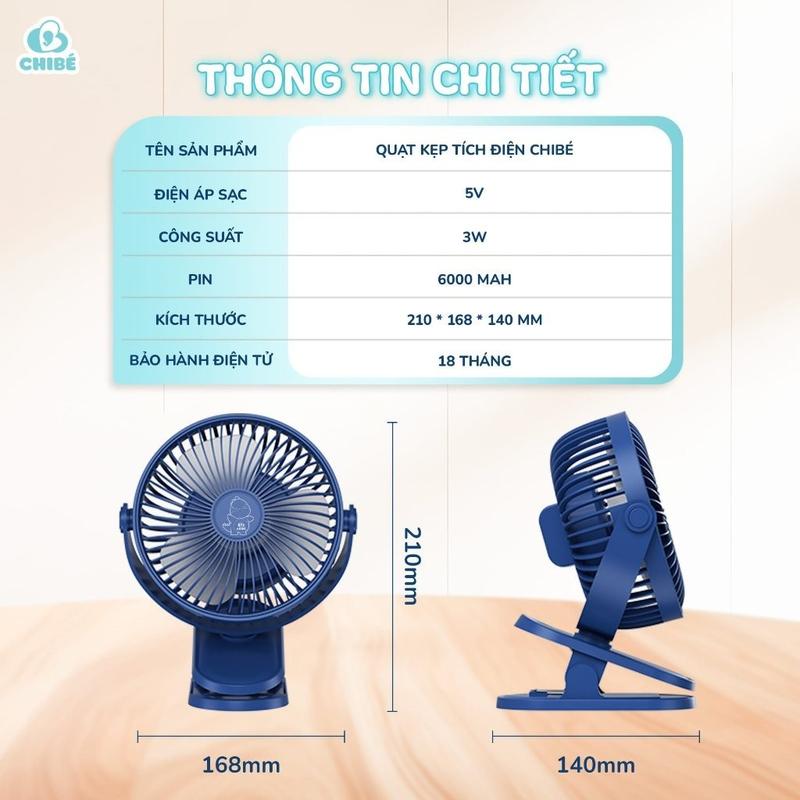 Quạt tích điện mini Chibe - Quạt kẹp xe đẩy cho bé siêu mát xoay 720 độ Hàng Chính Hãng