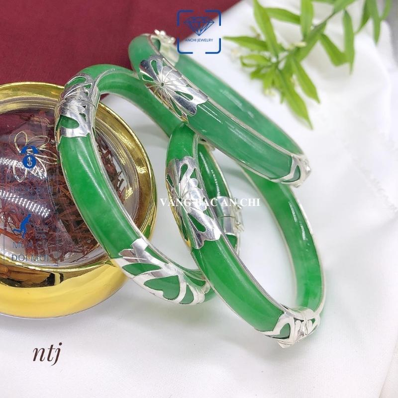 Vòng tay liền khối ngọc xanh bản đũa bọc bạc, Anchi jewelry