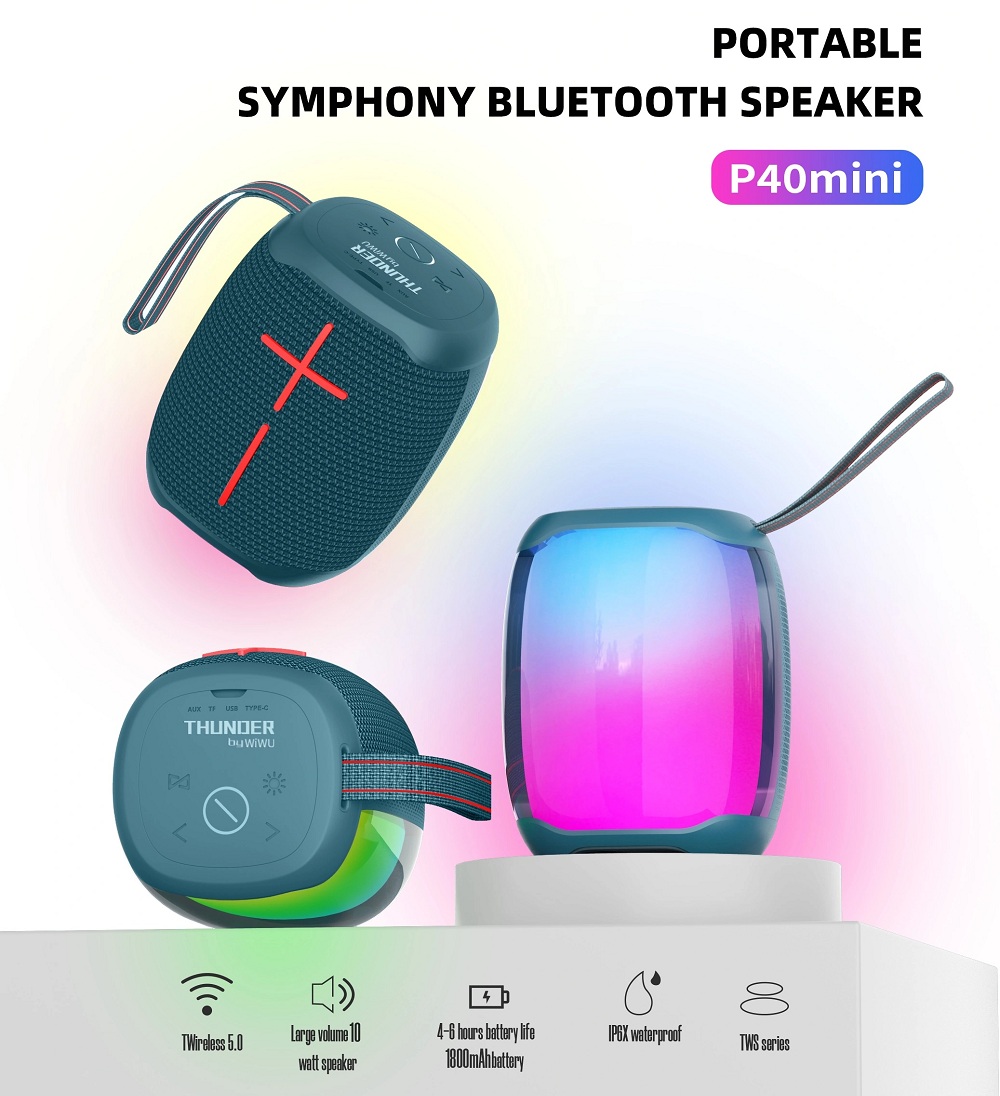 Loa di động thể thao bluetooth chống nước chuẩn IPx6 hiệu WIWU Thunder P40 MINI trang bị đèn LED đổi màu, công nghệ Bluetooth 5.0, Nghe đài radio FM, thẻ SD, có jack âm thanh AUX 3.5mm, thời gian nghe nhạc lên đến 6h - hàng nhập khẩu