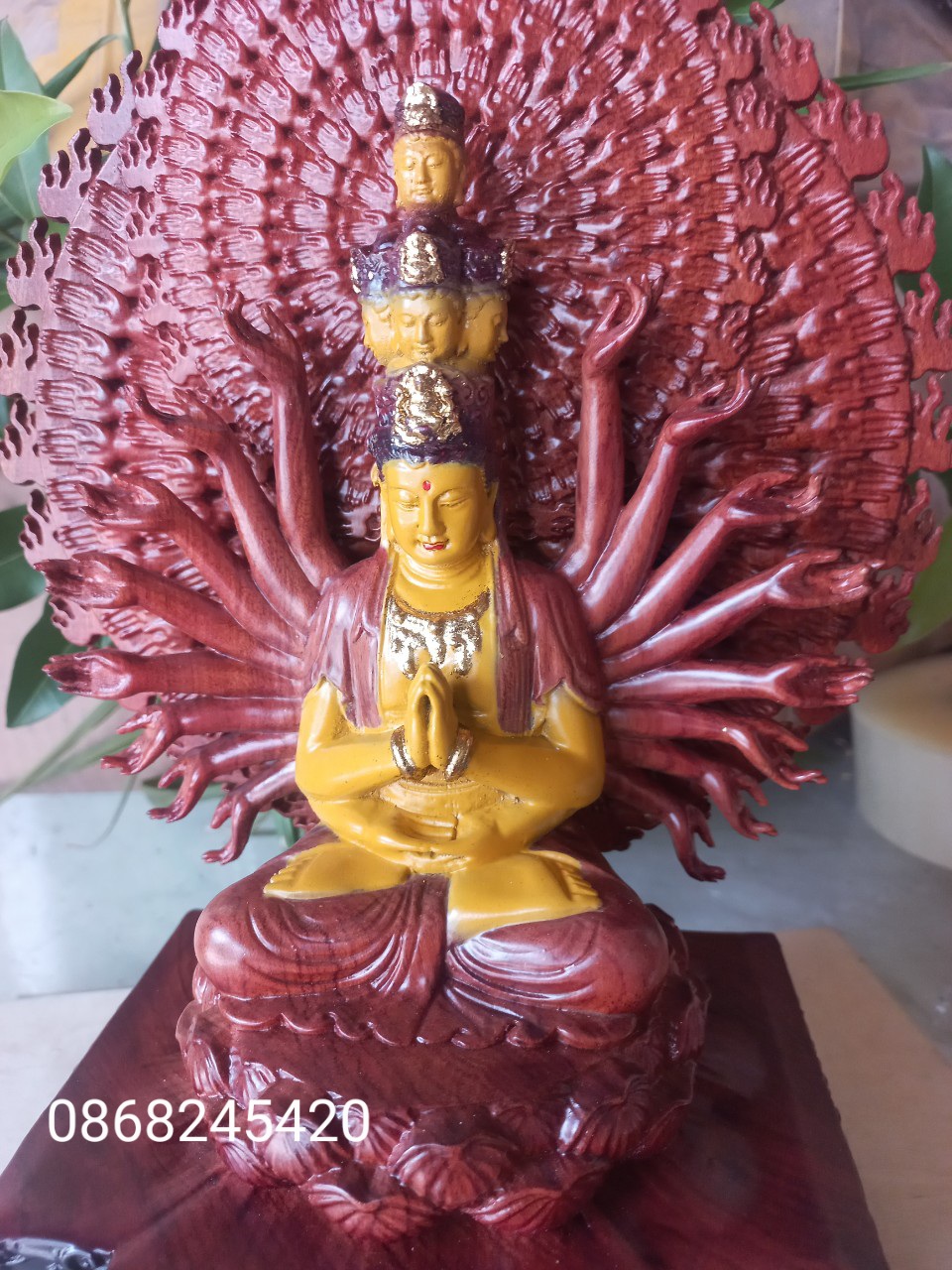 Tượng phật thiên thủ thiên nhãn bằng gỗ hương đá sơn pu giả cổ kt 30×20×15cm