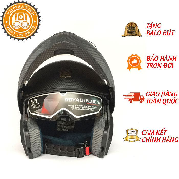 Mũ Bảo Hiểm Fullface Lật Cằm 2 Kính Royal M179 - Vân Carbon