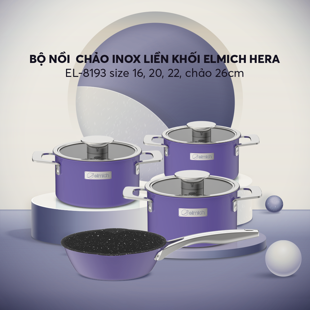 Bộ nồi Inox liền khối Elmich Hera EL-8193 size 16,20,22 chảo 26cm - Hàng chính hãng