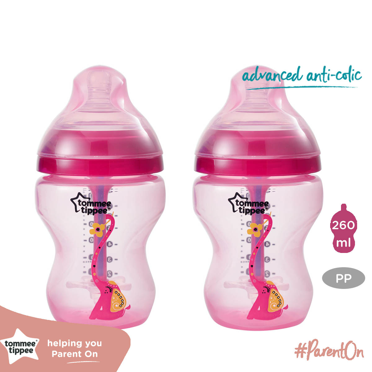 Bình sữa siêu chống đầy hơi kèm báo nhiệt Tommee Tippee Advanced Anti-Colic 260ml, núm ty đi kèm 0-3 tháng (bình đôi) - Hồng