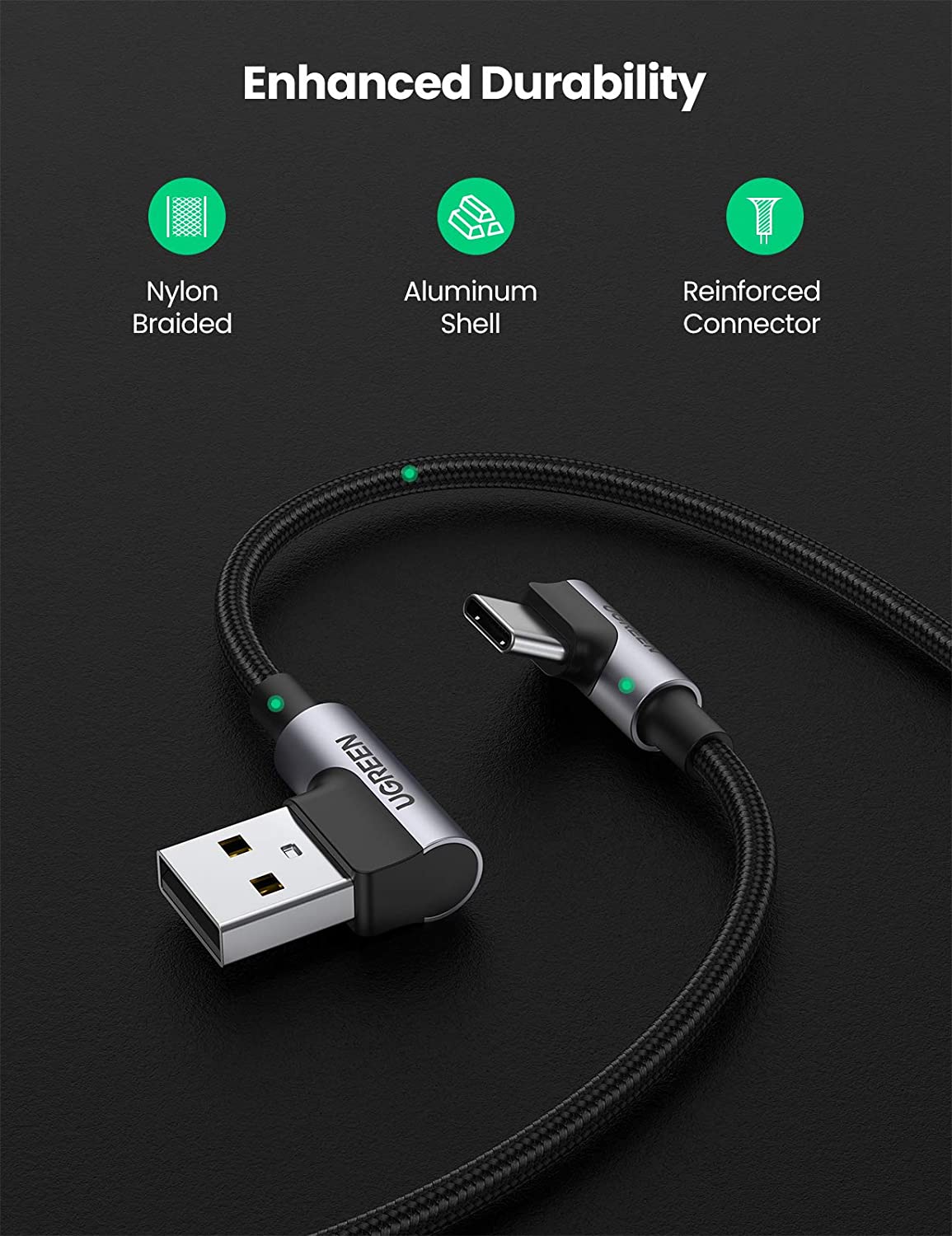 Cáp sạc hãng UGREEN US176 bẻ góc 90 độ USB 2.0 sang USB type C dây bện dài 0.5-2m - Hàng nhập khẩu chính hãng