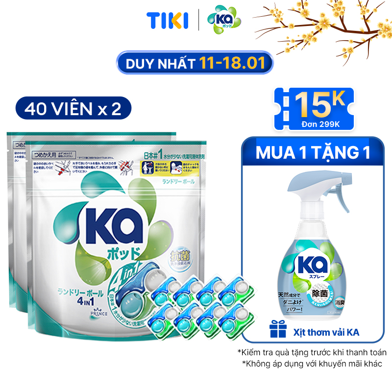 Combo 2 Túi Viên Giặt Xả Đa Năng 4 Trong 1 KA Universal (40 Viên/ Túi)