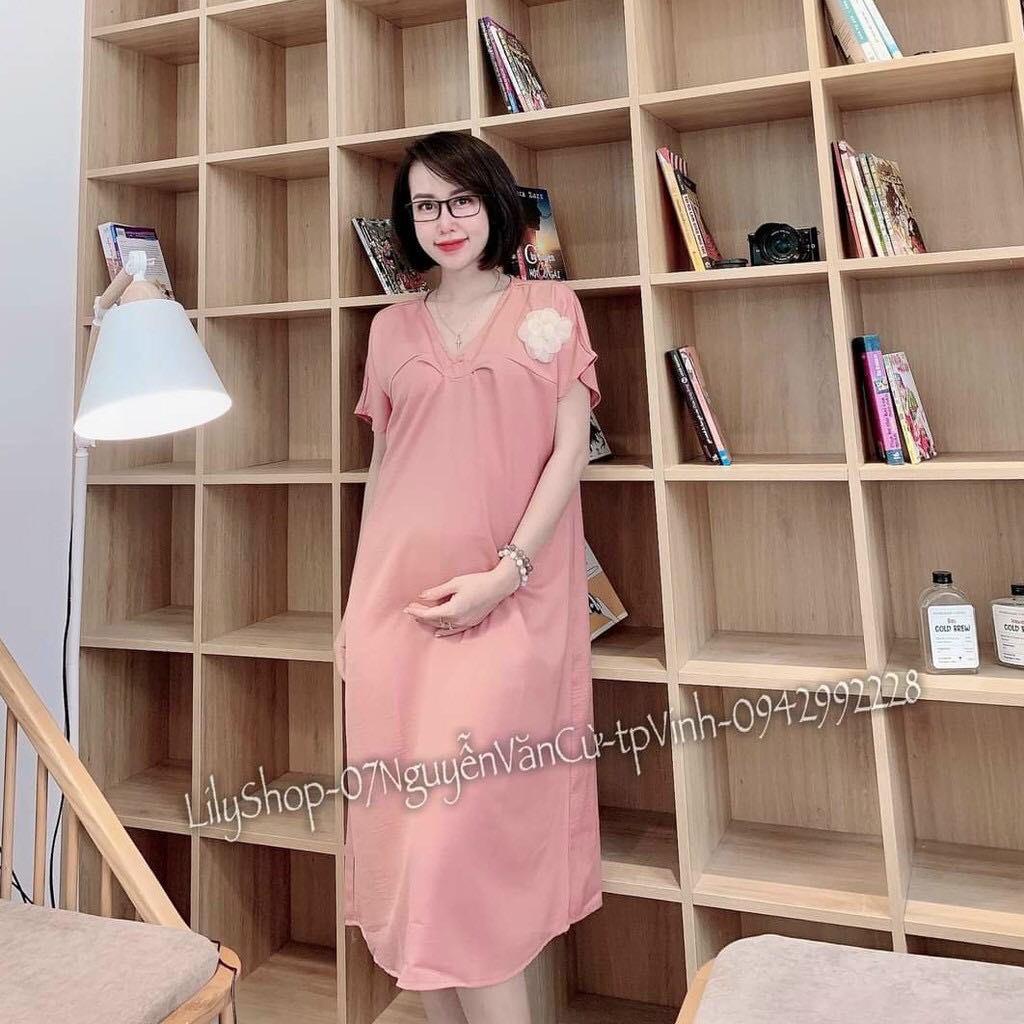 Váy bầu thời trang thiết kế MAMADRESS chất đũi lụa có HOA NGỰC mềm mại, nhẹ nhàng và mát V14