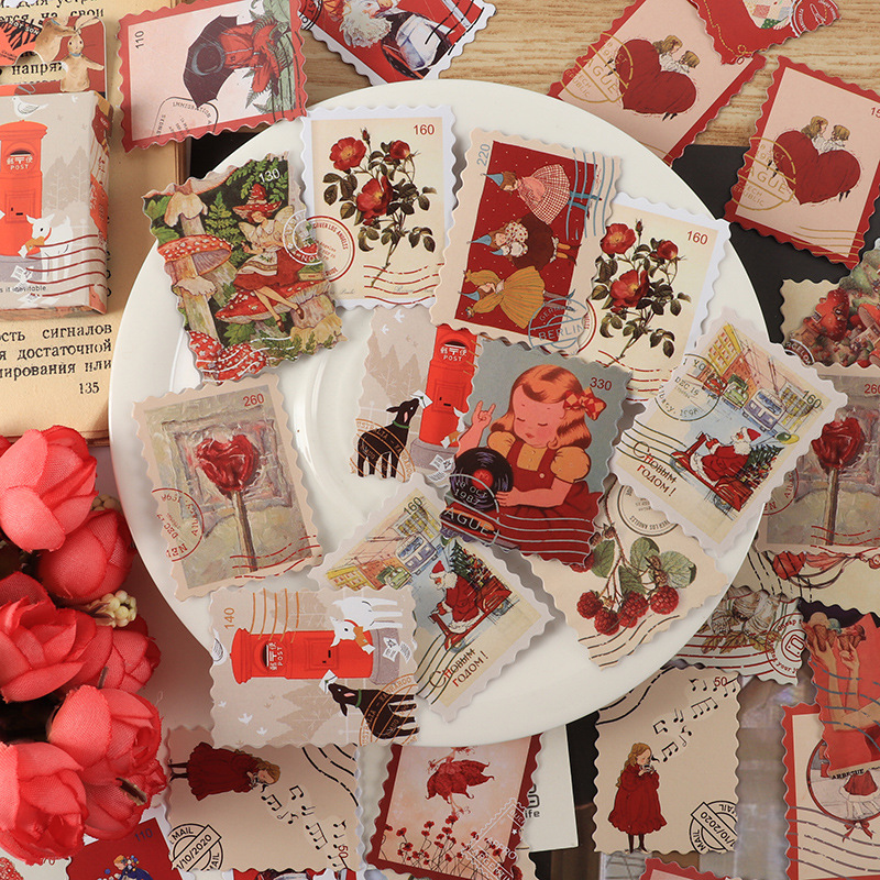 Hộp 46 pcs stickers dạng tem thư kiểu cổ điển vintage dùng để trang trí sổ tay nhật kí