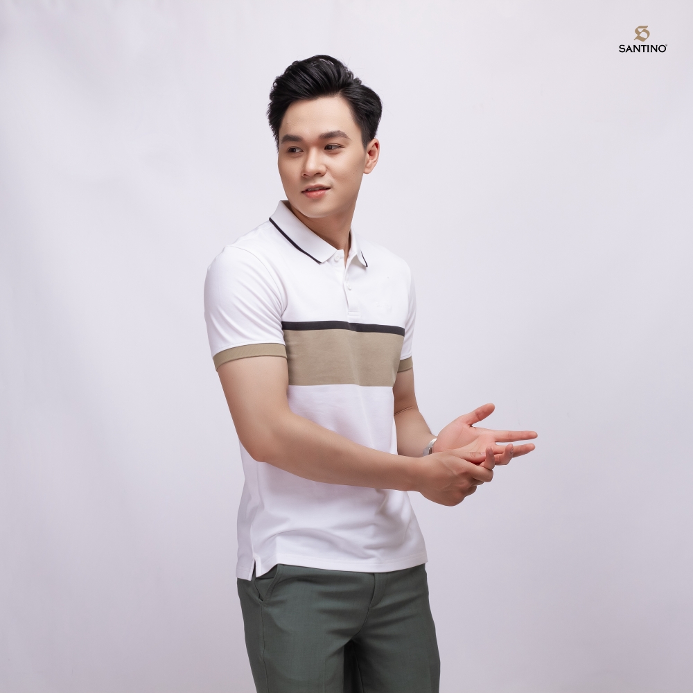 Áo Polo nam SANTINO, in phối ngực, vải Cotton Cá Sấu, kháng khuẩn chống nhăn - E014