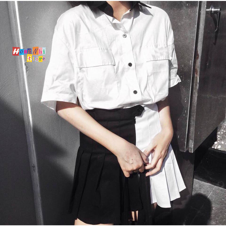 Sơ Mi Tay Lỡ Dáng Rộng Unisex Phối Cổ 2 Túi Màu Trắng - Sơ Mi Mix Tay Lỡ - MM