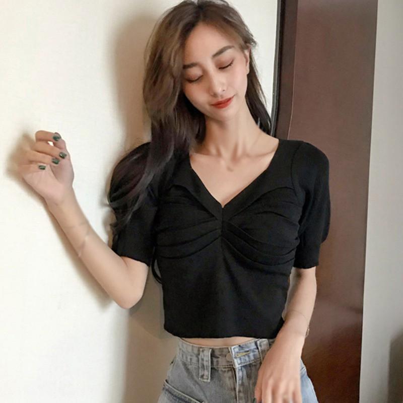 Áo Thun Tay Ngắn Cổ Chữ V Màu Trơn Thiết Kế Đơn Giản Thời Trang Dành Cho Nữ