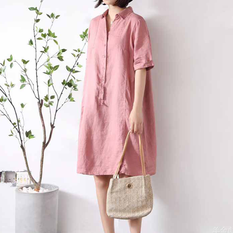 Đầm suông linen cổ đức túi bổ cơi không kén dáng mặc ArcticHunter, thời trang thương hiệu chính hãng - Hồng