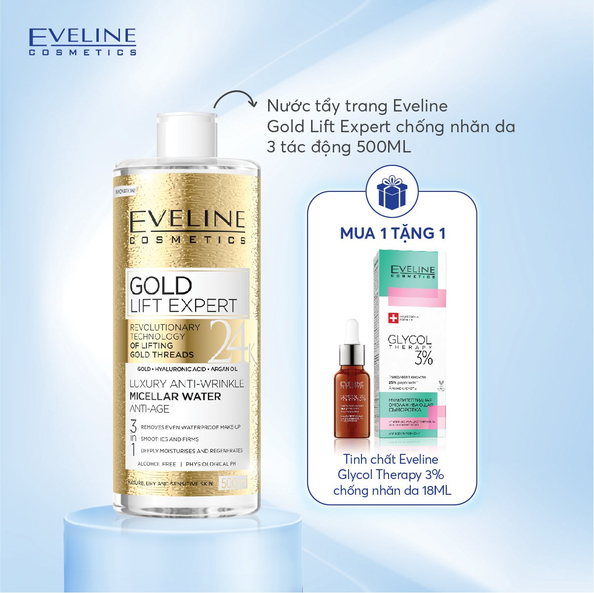 [ Tặng serum eveline 3% ] Nước tẩy trang Eveline Gold Lift Expert cao cấp chống nhăn da 3 trong 1 500ML