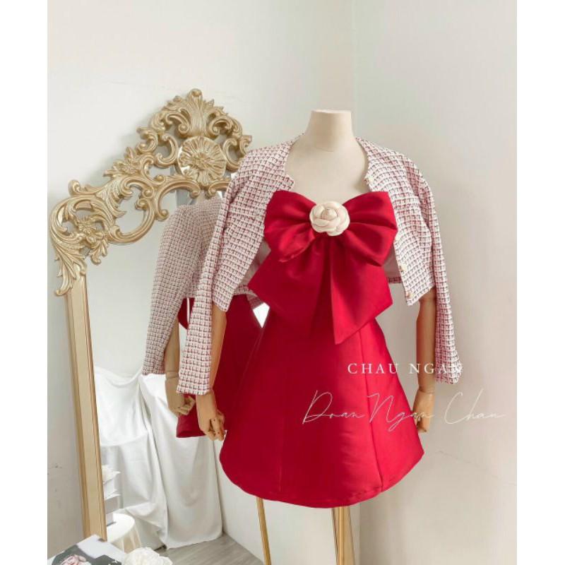 Set Váy Đầm Đỏ Hai Dây kèm Áo Khoác Croptop Caro Dự Tiệc Cưới - C&B Clothes