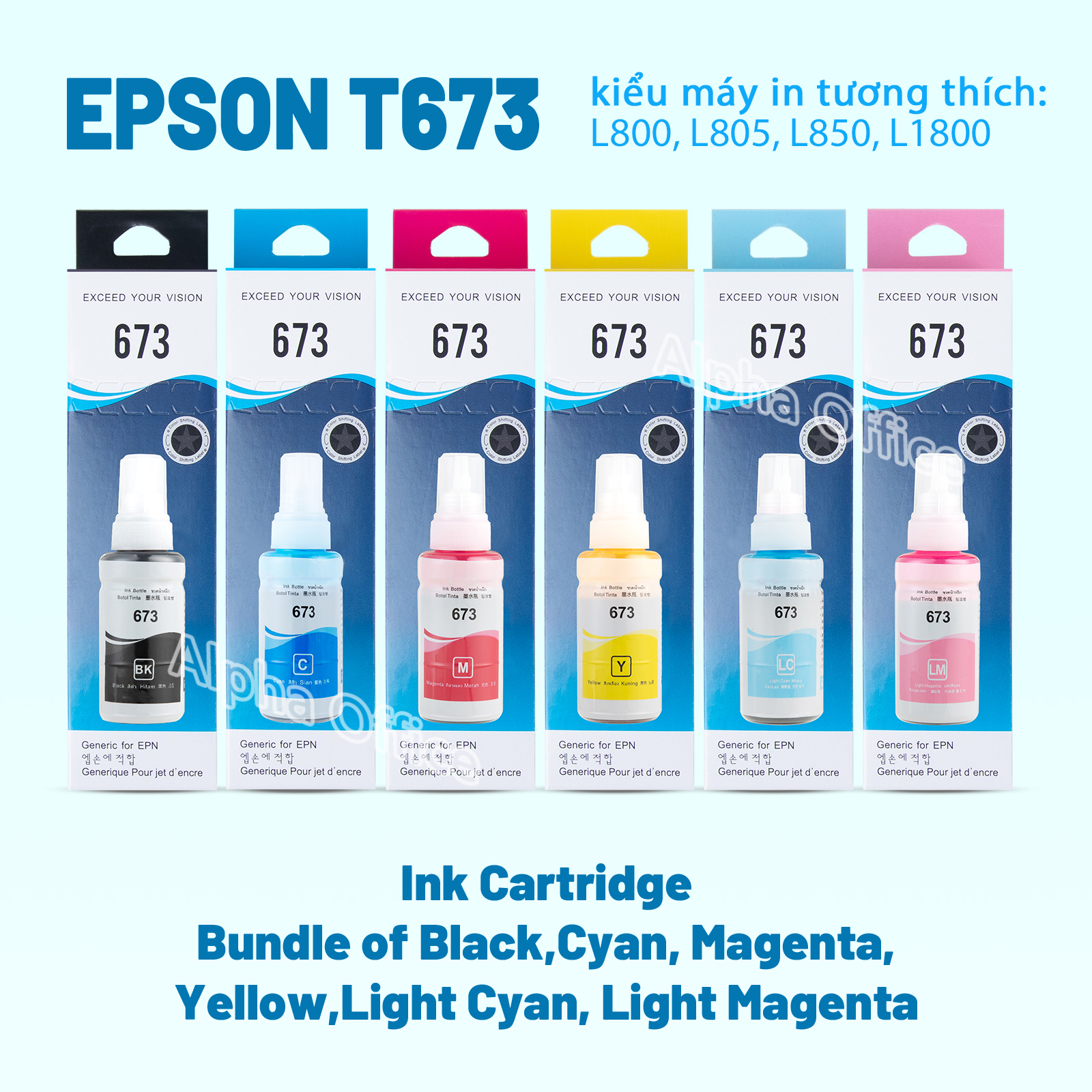 Chai mực mã 673 màu xanh nhạt LC dành cho máy Epson 1390/1400/1430/L1800/L805/L800/L850- Hàng nhập khẩu