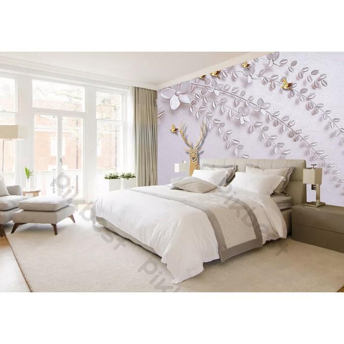 Tranh dán tường Phong cách Bắc Âu nai rừng bên tường hoa, tranh dán tường 3d hiện đại MS934066