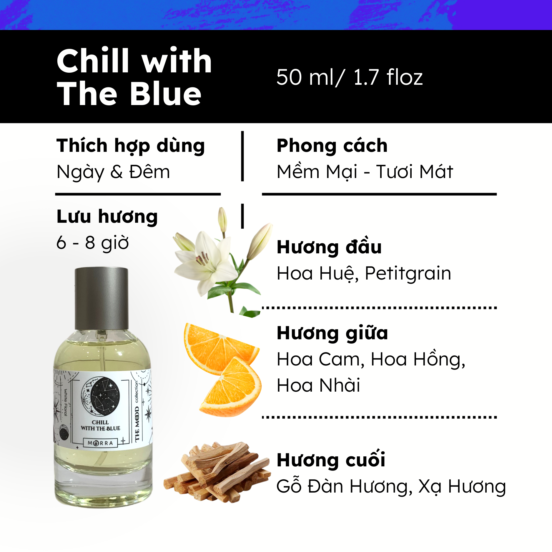 Nước Hoa Nam Nữ Morra Chill With The Blue Hương Thơm Mềm Mại, Tươi Mát, Ngọt Ngào Dung Tích 50ml