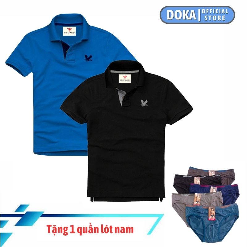 Áo Polo Nam Ngắn Tay Có Cổ Tặng Quần Lót Nam Cao Cấp , Combo 2 Áo, Dokafashion Regular Fit Chuẩn Hàng Xuất, Áo Phông Thun Polo Nam Tay Ngắn Ez235 - Xanh Dương - Đen - M