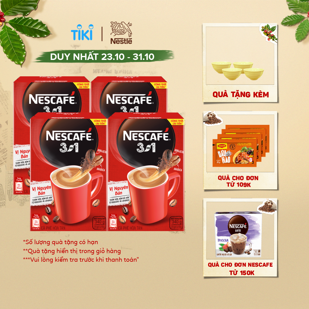 [Quà tặng tháng 11 - Mua 1 Tặng 1 Túi du lịch đa năng] Combo 4 hộp cà phê NESCAFÉ 3IN1 VỊ NGUYÊN BẢN - công thức cải tiến (Hộp 20 gói x 16g)