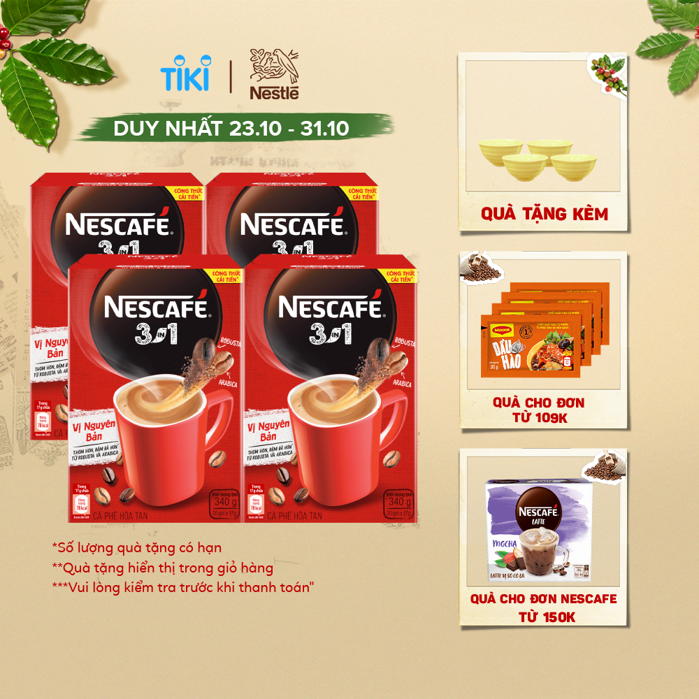 Combo 4 hộp cà phê NESCAFÉ 3IN1 VỊ NGUYÊN BẢN - công thức cải tiến (Hộp 20 gói x 16g)