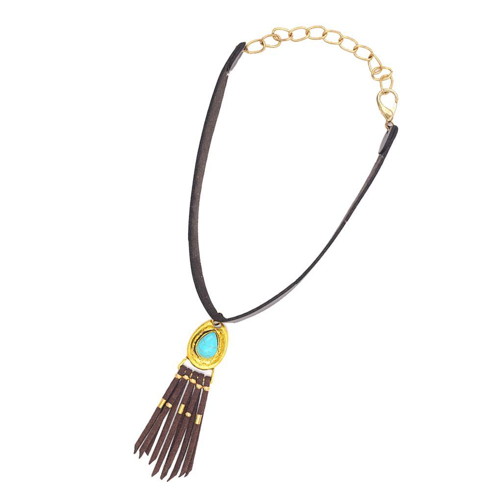 Women Bohemian PU Leather Choker Necklace Charm Pendant with Tassels