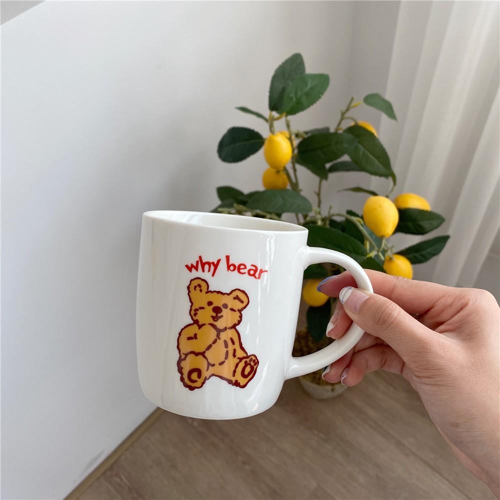 Cốc sứ trắng gấu Why bear, ly sứ có quai cầm phong cách dễ thương