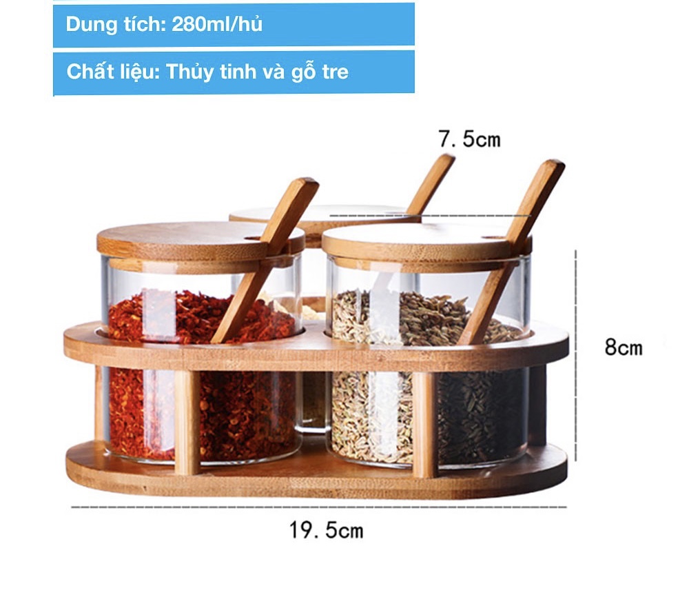 Bộ 3 hũ đựng gia vị thuỷ tinh chịu nhiệt khay gỗ tam giác