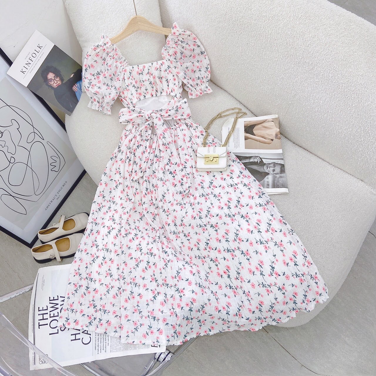 Đầm maxi hoa nhí cổ vuông cột nơ lưng ulzzang hàn quốc
