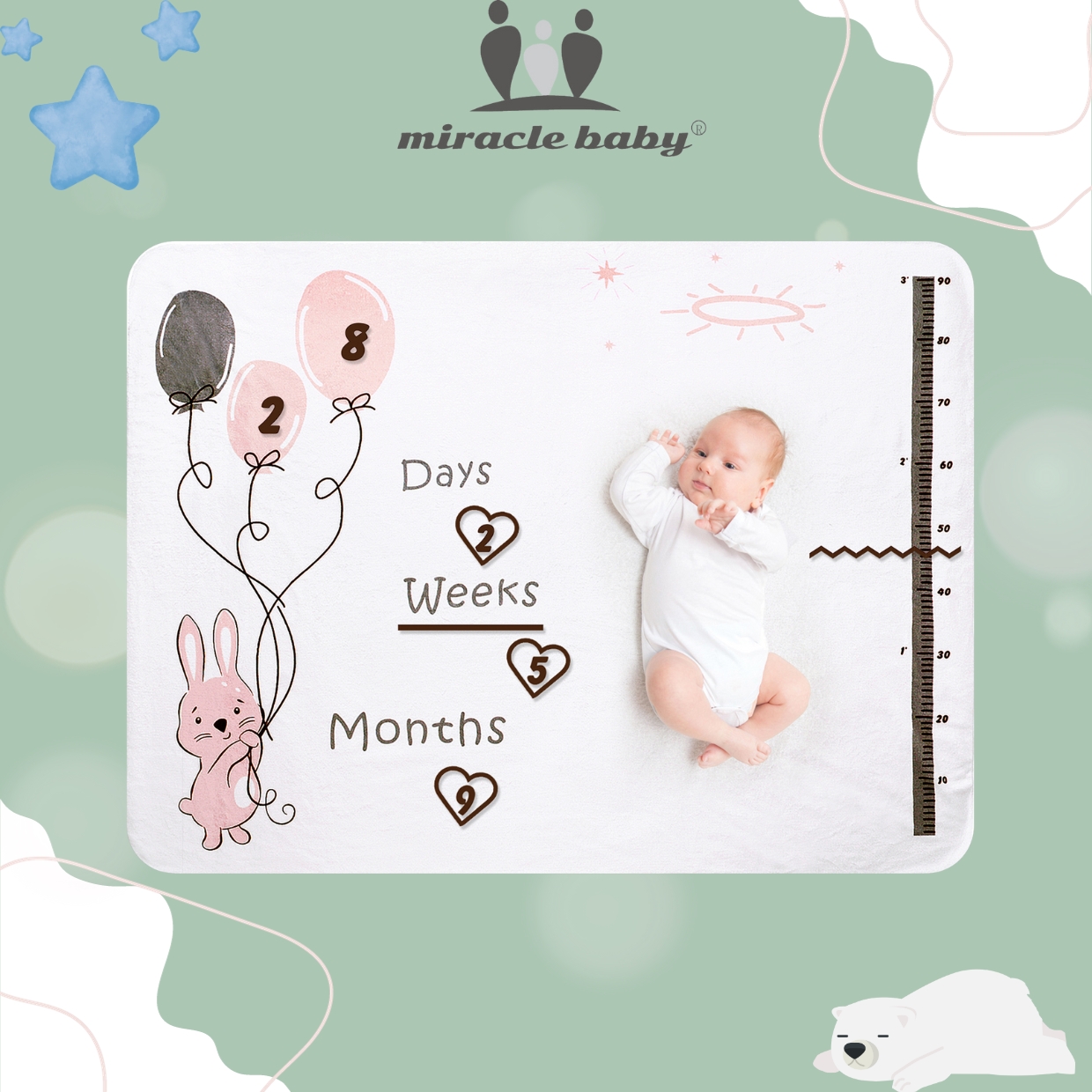 Chăn quấn Miraclebaby vải nhung cao cấp mềm mịn đánh dấu cột mốc tháng tuổi phát triển , phụ kiện chụp ảnh cho bé ( từ 0-12 tháng)