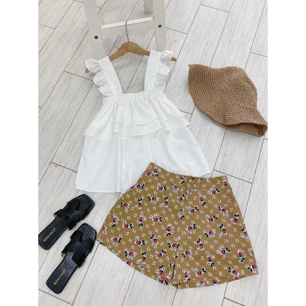 SET ÁO KIỂU 2 DÂY PHỐI BÈO NGỰC DÁNG BABYDOLL+QUẦN ĐÙI MÀU-hình thật shop chụp