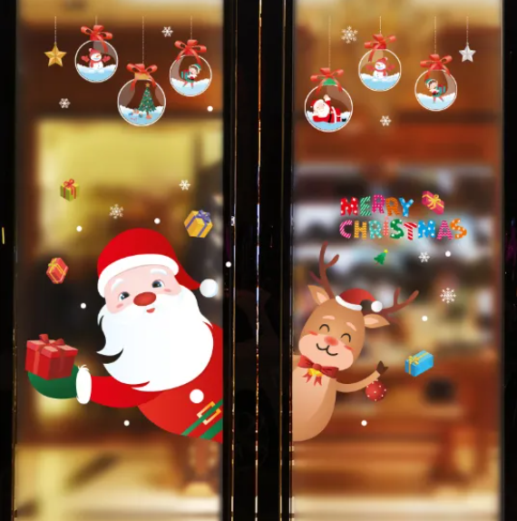 Decal trang trí Noel - Rèm noel châu và 2 người bạn chào