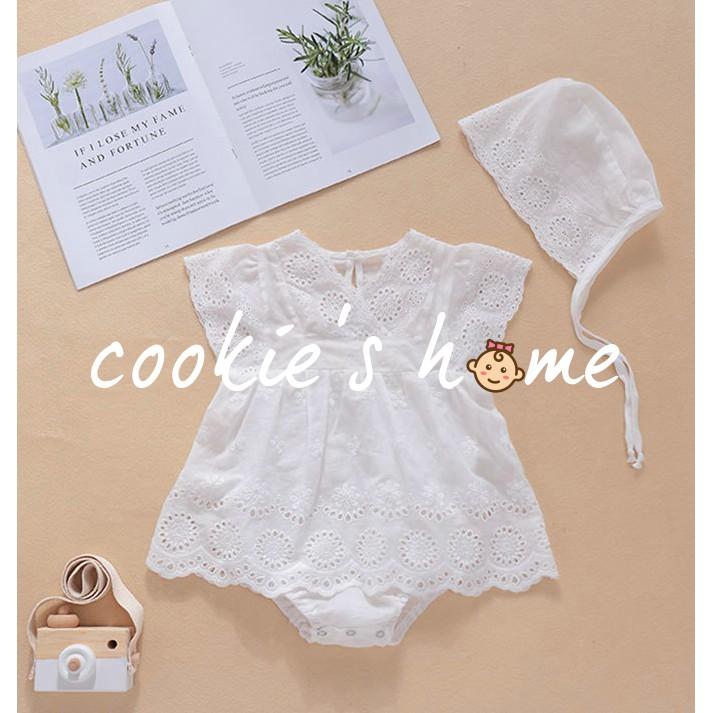 Set áo liền quần kèm nón màu trắng chất cotton cho bé sơ sinh đến 18 tháng đi tiệc thôi nôi chụp ảnh studi