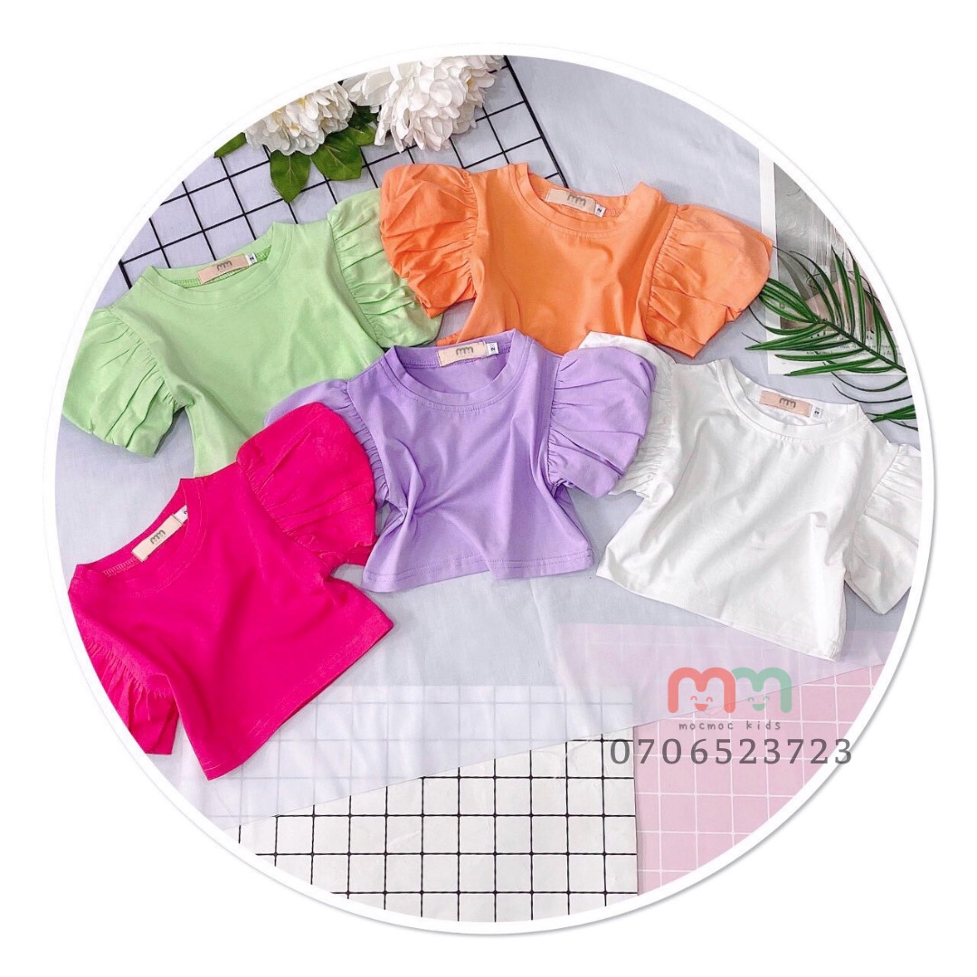 Áo croptop bé gái, áo thun croptop tay phồng dễ thương thun cotton chính phẩm loại 1 mềm mịn mát cho bé 13kg đến 42kg