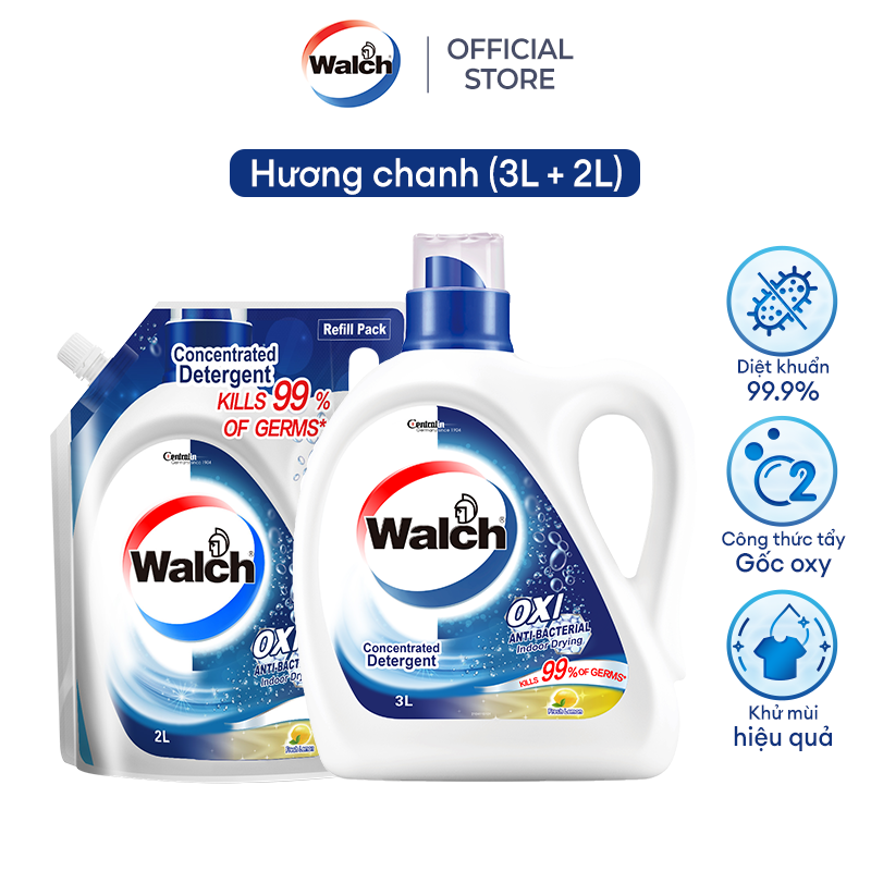 Nước giặt Walch đậm đặc siêu tiết kiệm, kháng khuẩn, khử mùi, tiêu diệt mạt bụi 99%, thích hợp cửa trên và cửa trước(Túi 2L+Chai 3L)