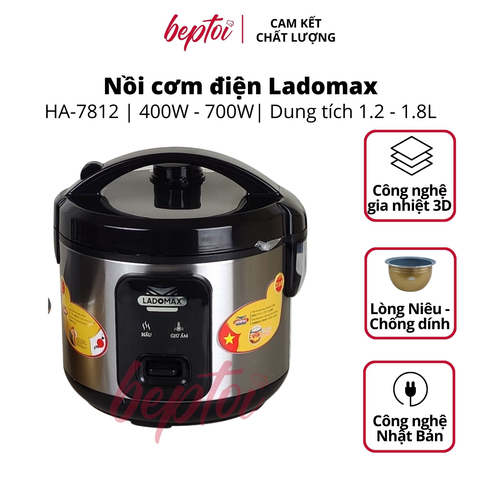 Nồi cơm điện nắp gài Ladomax, nồi cơm điện mini công suất 500W - 700W, dung tích 1.2L - 1.8L HA-78 Series Hàng chính hãng