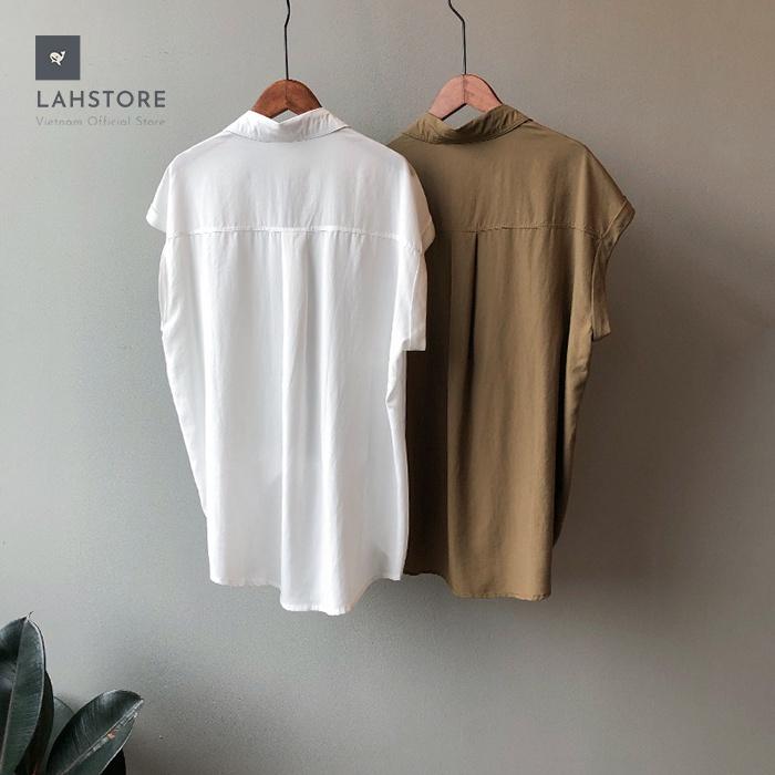 Áo sơ mi thô Linen nữ form rộng cổ bẻ 2 túi ngực trẻ trung LAHSTORE, phong cách Hàn Quốc